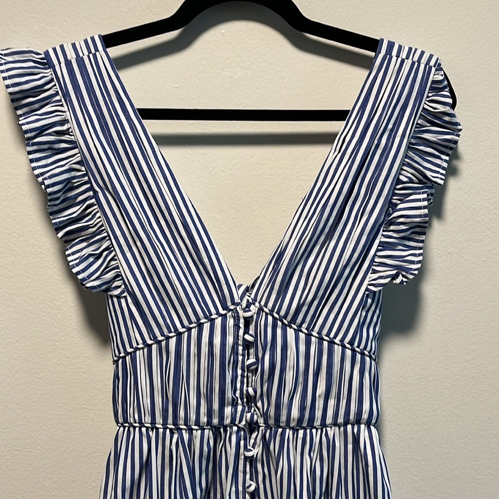 O.P.T. Stella Blue and White Stripped Tiered Ruffle Midi Dress, Seersucker, Size - Picture 4 of 13
